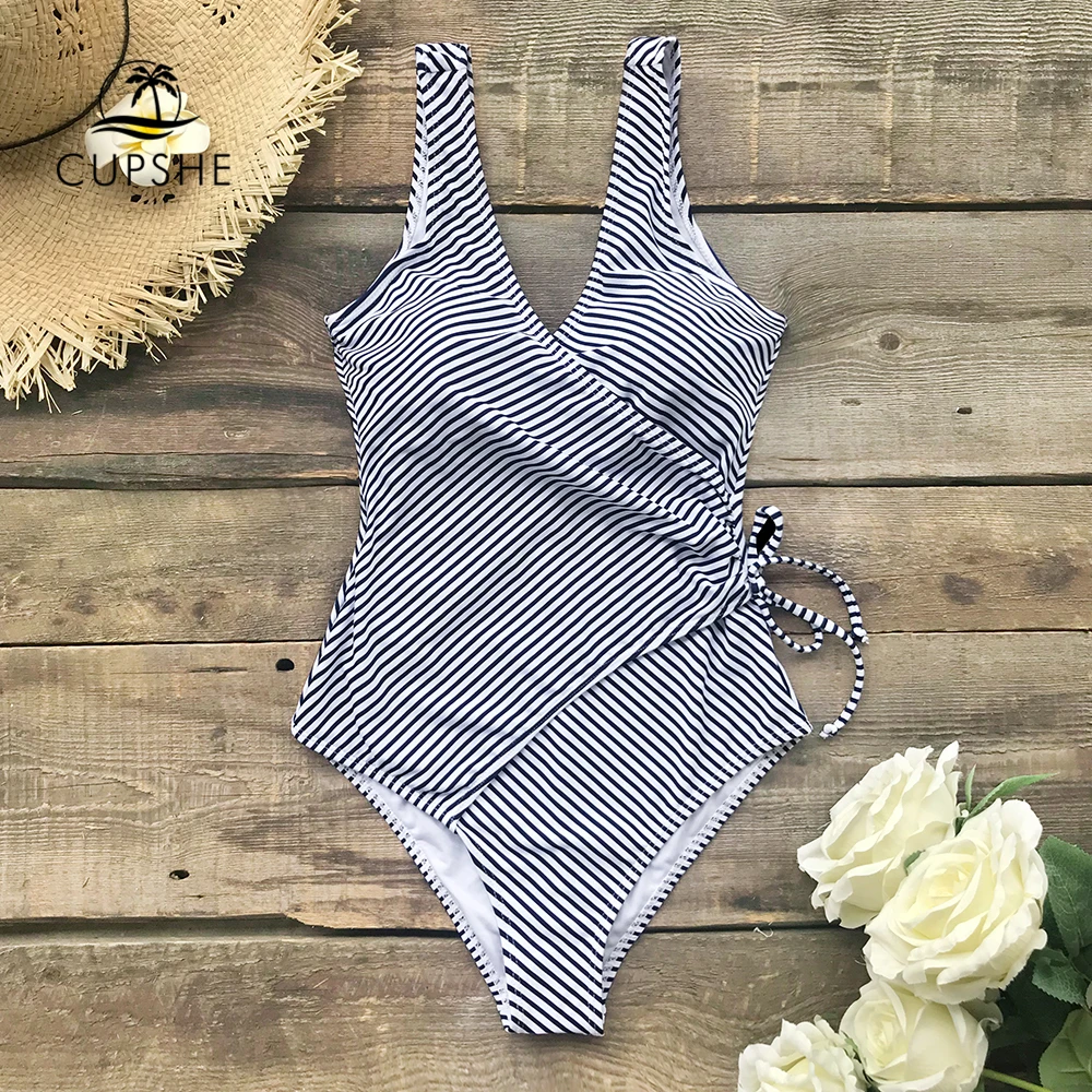 

CUPSHE Sexy Blue and White Stripe Side-Tie One-Piece Swimsuit Women Boho Monokini Bathing Suits Swimwear