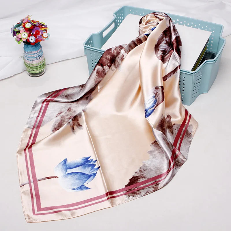 

Fashion Shawl Scarf For Women Pink Floral Print Satin Hijab Scarfs Female 90*90cm Square Neckerchief Headband Scarves For Ladies
