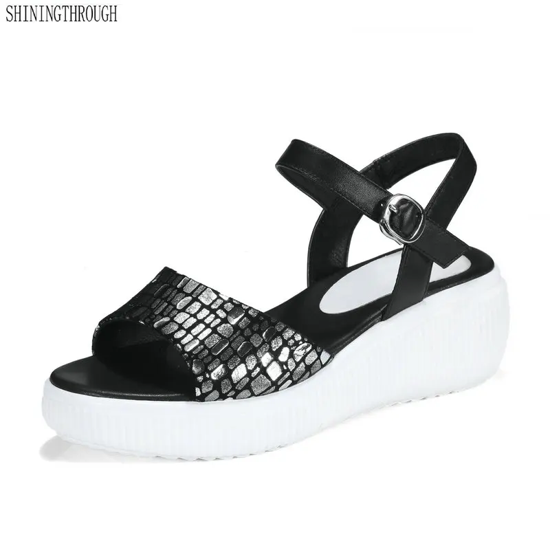 

New Female Sandals Shoes Wedge Platform cow Leather Ladies Sandals High Heels Sandals For Women Summer 2018