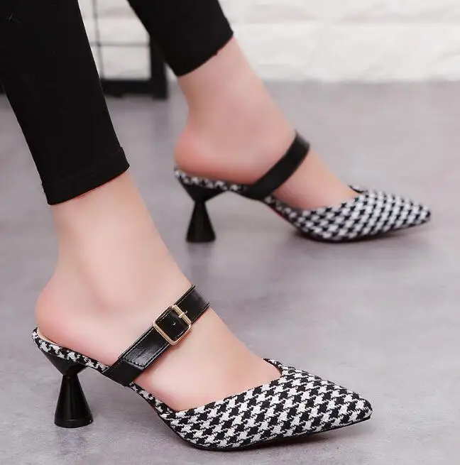 

Women Sexy High Heel Mules Clogs Black Pointed Toe Platform Mules Ladies Leather Sole Slippers Female Slip On Sandal Shoes