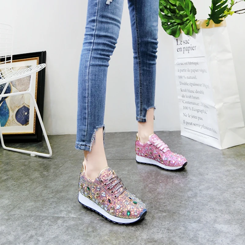 

Spring new color sequins rhinestones laced sneakers old shoes casual shoes thick bottom sponge cake women's shoes