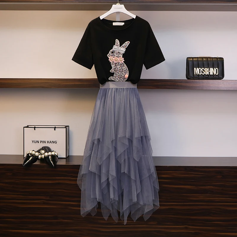 

2019 Summer Women Rabbit Appliques Pearl Beading Tshirt+Elastic High Waist Irregular Hem Mesh Tutu Skirt Set Casual 2 Piece Suit