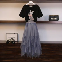 2019 Summer Women Rabbit Appliques Pearl Beading Tshirt+Elastic High Waist Irregular Hem Mesh Tutu Skirt Set Casual 2 Piece Suit 2019 Summer Women Rabbit Appliques Pearl Beading Tshirt+Elastic High Waist Irregular Hem Mesh Tutu Skirt Set Casual 2 Piece Suit
