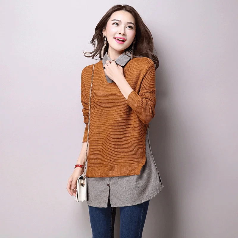 2016 New Women tops Fake two-piece shirt turn-down collar sweater slim fashion clothing women sweater Pullovers female 1012-65F