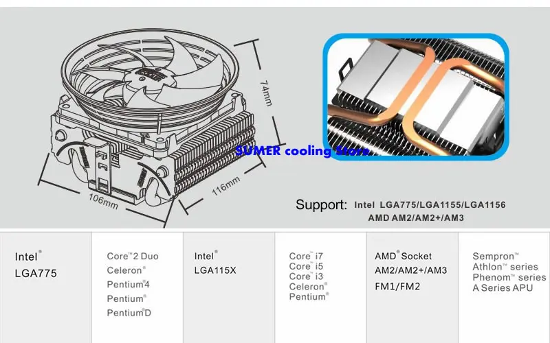 10 см вентилятор 2 тепловых трубки охлаждения для Intel LGA1151 775 1155 для AMD AM3+/FM1/FM2 кулер для процессора вентилятор Радиатор тихий PcCooler Q102 V4