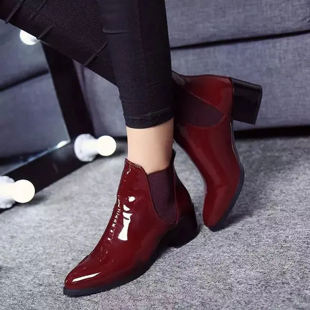 New Arrival Fashion Shoes Women Boots Elasticated Patent Leather Ankle Boots Pointed Low Heel Boots Female Sexy Shoes