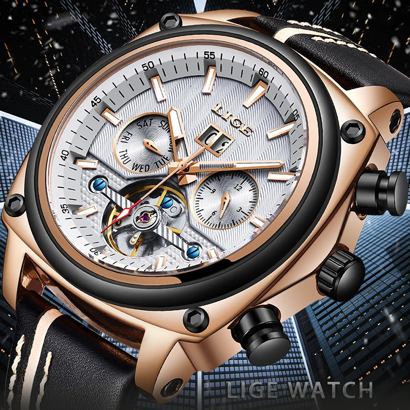 

2018 New LIGE Mens Brand Sports Watches Mens Automatic Date Leather Mechanical Watch Men's Casual Fashion Waterproof Watch+Box