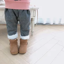 Осень-зима, корейский стиль, хлопок, классический бархат, утолщенные универсальные клетчатые длинные штаны для милых маленьких девочек и мальчиков