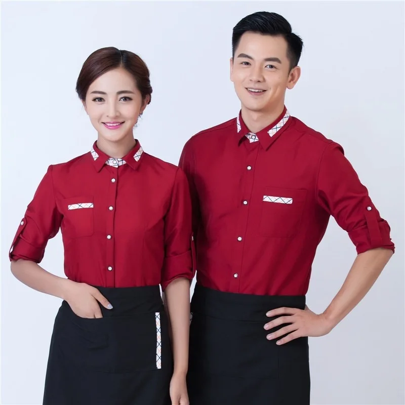 

Hotel Work Clothes Spring Autumn Female Waitress Cafe Uniform Restaurant Fast Food Shops Dining Hot Pot Waiter Men Shirt H2366