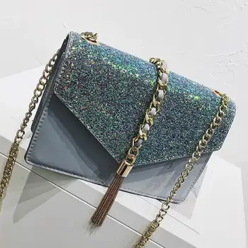 

Fashion Women Designer Handbags 2018 New High-quality PU Leather Women bag Sequined Tassels Chain Shoulder bags Messenger bag