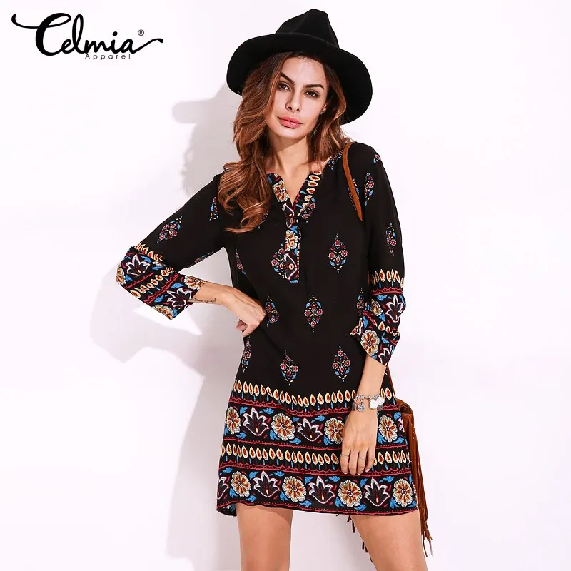 

New Women Summer Mini Dress Ethnic Casual Long Sleeve Floral Sexy Short Elegant Fashion Retro Vestidos Black Plus Size 5XL