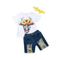 Комплект детской одежды из 3 предметов для маленьких мальчиков и девочек Футболка с мультяшным принтом топы, джинсовые штаны, летняя одежда