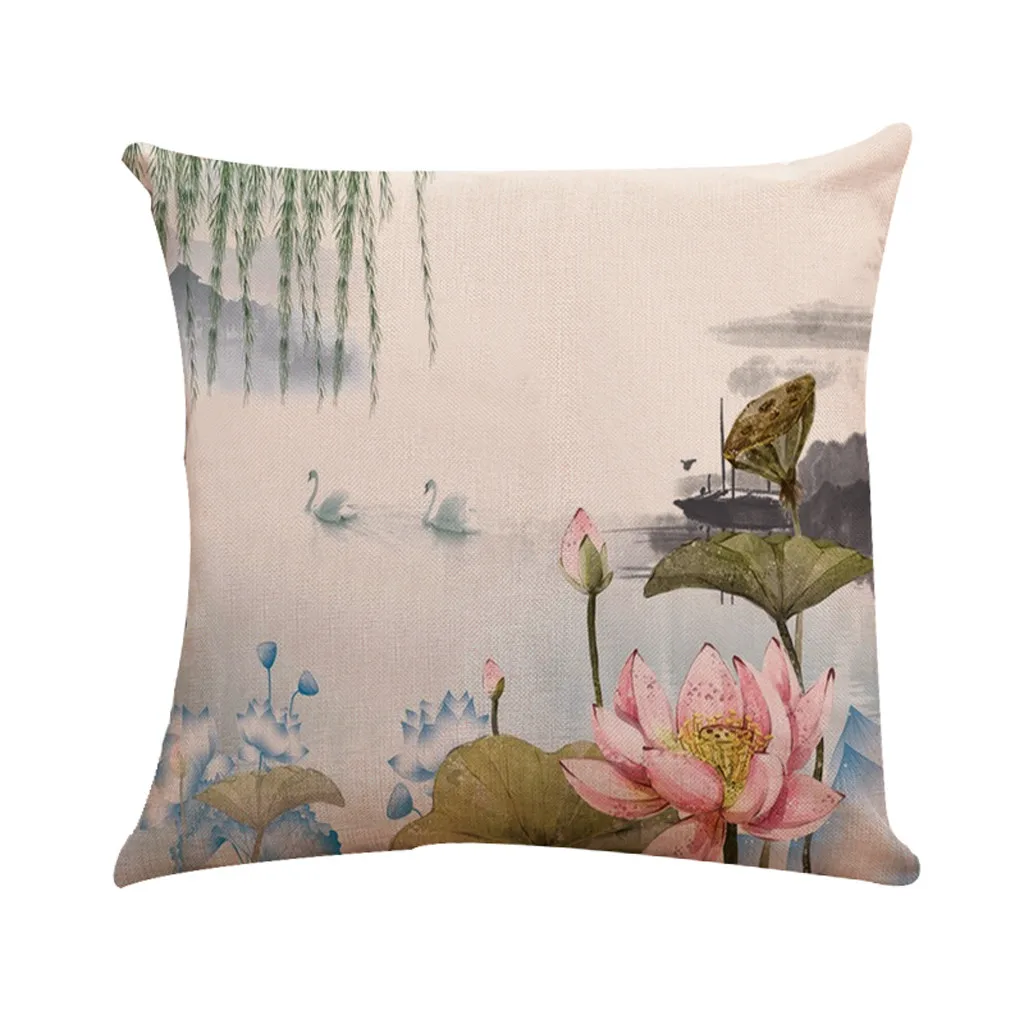 

Beautiful Scenery Cushion Cover Lotus Painting Decorative Upholstery Cozy Throw Pillow Cases Nature Style Pillowcase