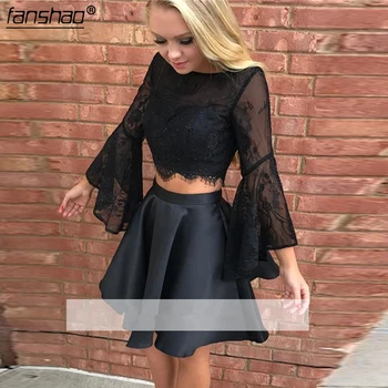 

2019 Homecoming Dresses A-line Long Sleeves Short Mini Satin Lace Two Pieces Elegant Cocktail Dresses