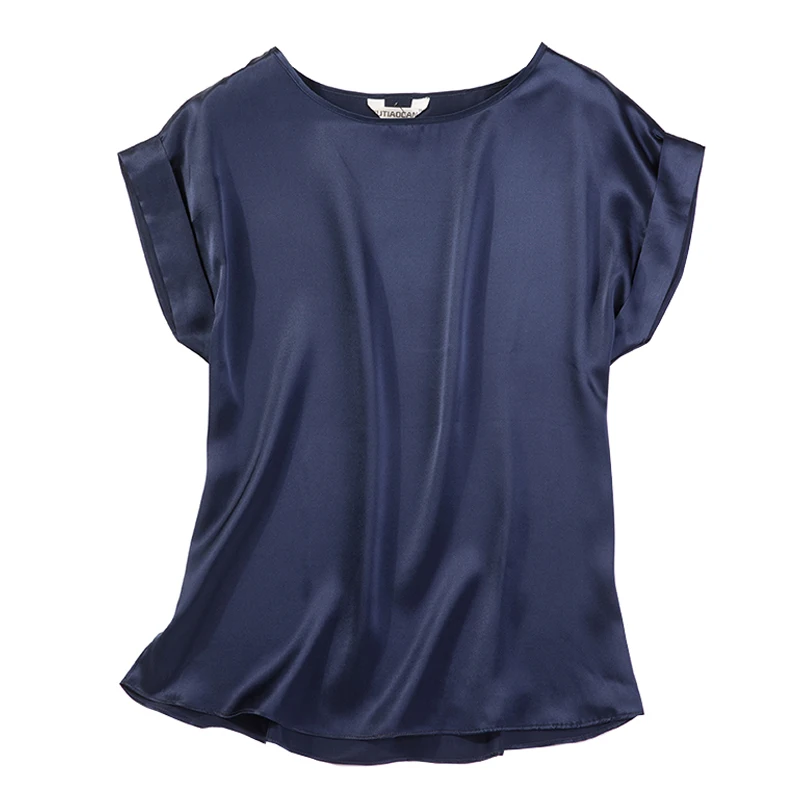 Женская летняя шелковая блузка из натурального шелка с коротким рукавом, Базовая рубашка темно-синего цвета, повседневные рубашки, шелковые блузки для женщин