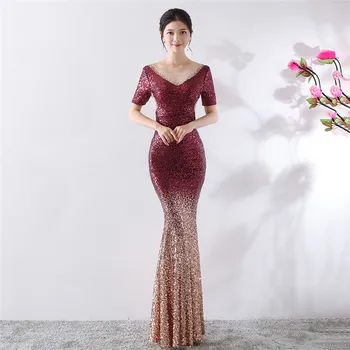 

Red Sequined V Neck Floor Length Mermaid Formal Sexy Wedding Party Dresses For Women 2018 Clubwear Elegant Dress With Sleeves