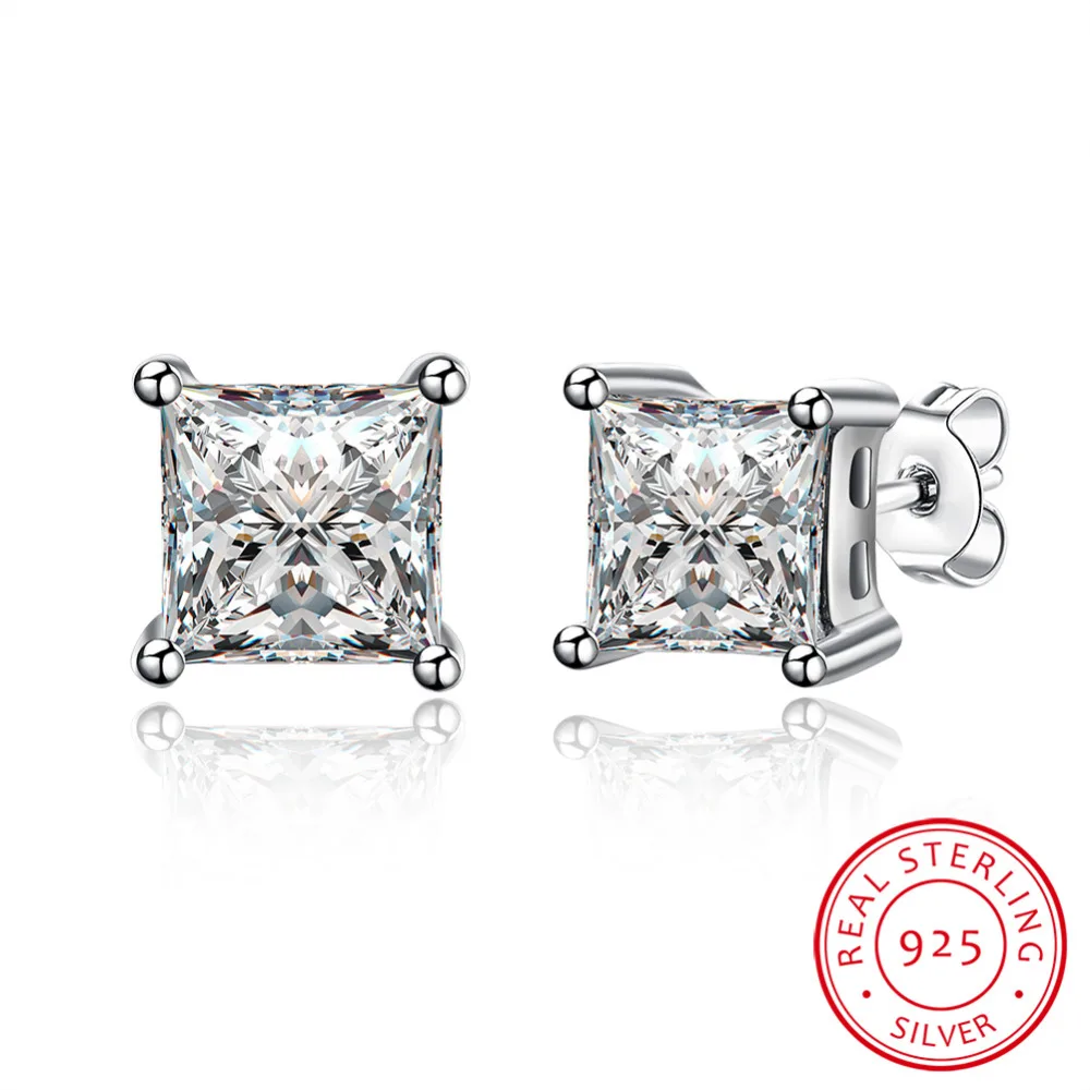 

Genuine 925 Sterling silver jewelry big white square zircon stone earring stud fine jewelry for women party wedding jewelry