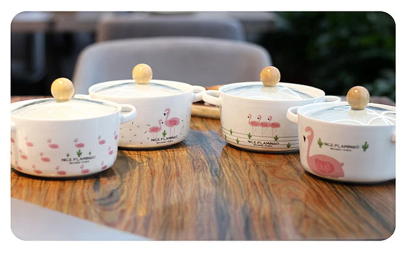 Милая чаша для лапши с фламинго, керамическая чаша для ушей, креативные японские столовые приборы, Студенческая чаша со стеклянной крышкой