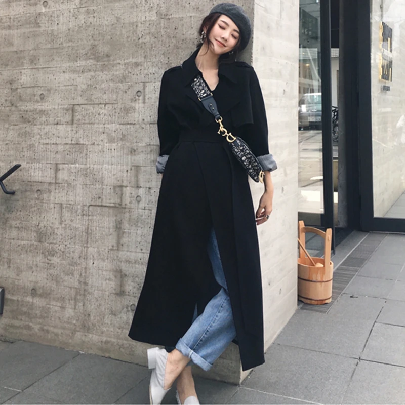 

Spring Autumn Trench Coat For Women Clothes Fashion Female Long Coat Women Elegant Long Trench Mode Ladies Black Raincoat W189