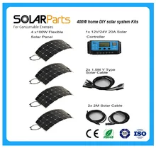 Solarparts 400W DIY Kits Solar System 4 x100W PV flexible solar panel 12V, 20A solar controller solar cell module RV outdoor fun