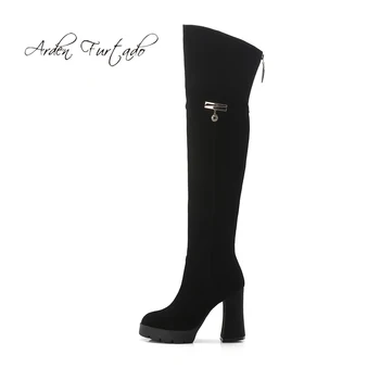 

Fashion metal decoration over the knee high boots winter 2019 zipper chunky heels round toe classics black matte suede shoes 40
