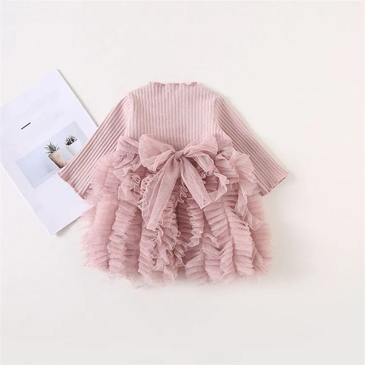 Fanfiluca Girl Long-sleeve Dress Autumn Cute Toddler Dresses For Party And Wedding Cotton Tutu Bow Patchwork Infant Dress019