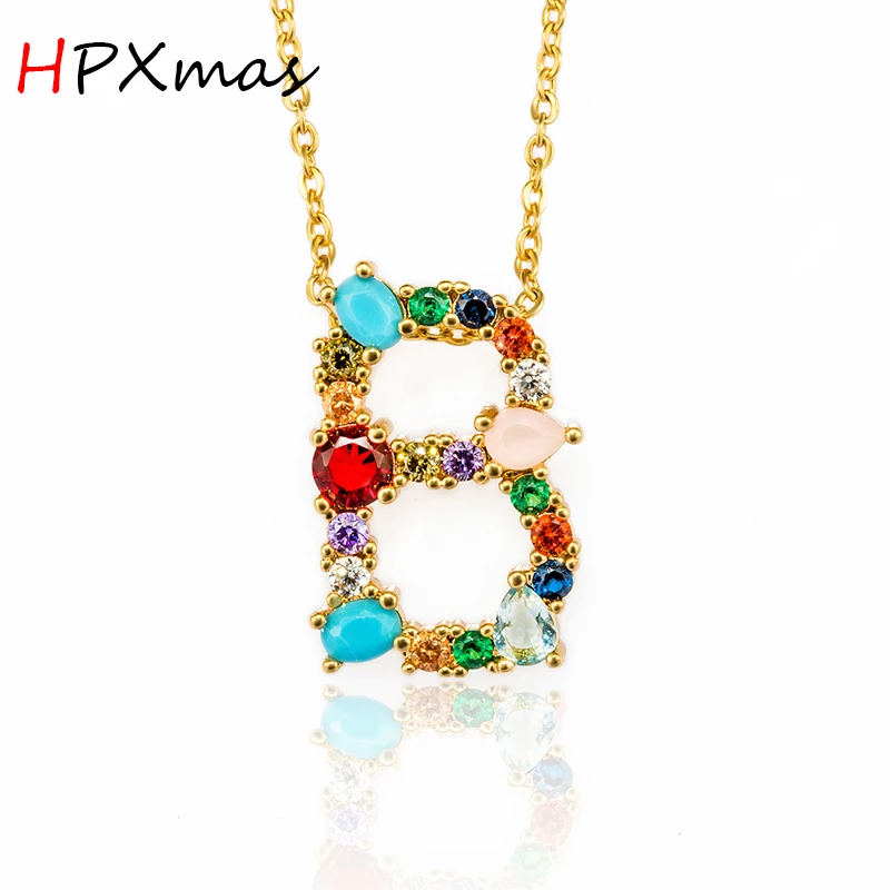 

HPXmas Golden Necklace with Colorful Crystal Personalized 26 Alphabet Letter necklaces jewelry for girls Gift B11