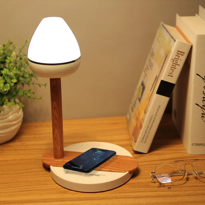 Draadloos Opladen Touch Desk Lamp Wood QI Wireless Phone Charger