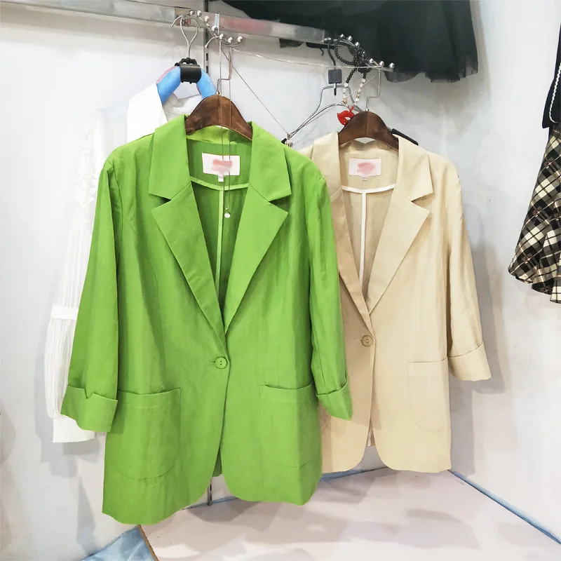 

New Spring Three Quarter Linen Suit Blazer Women Blaser Mujer Casual Retro Thin Blazer Feminino Ladies Blazer Suit Jacket Female