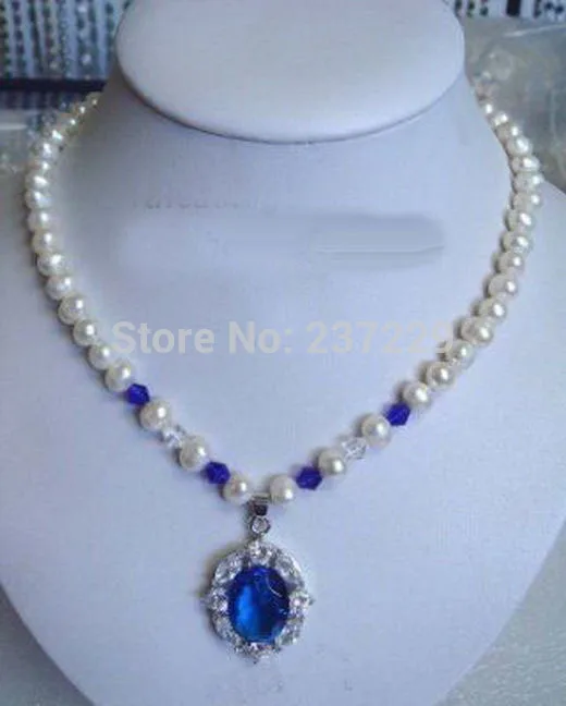 

Wholesale price FREE SHIPPING^^^^White Pearl Blue Cubic Zirconia 18KWGP Crystal Pendant Necklace
