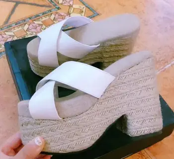 

Carpaton Hot Selling White Leather Platform Sandals for Woman Rope Braided Thick Heels Summer Slides Sexy Peep Toe Cutouts Shoes