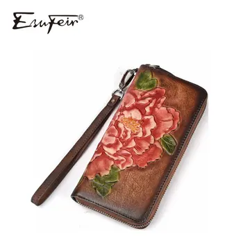 

2019 New Genuine Leather Embossed Ladies Wallet Vintage Flower Multi-card Long Wallet Designer Brand Casual Lady Clutch