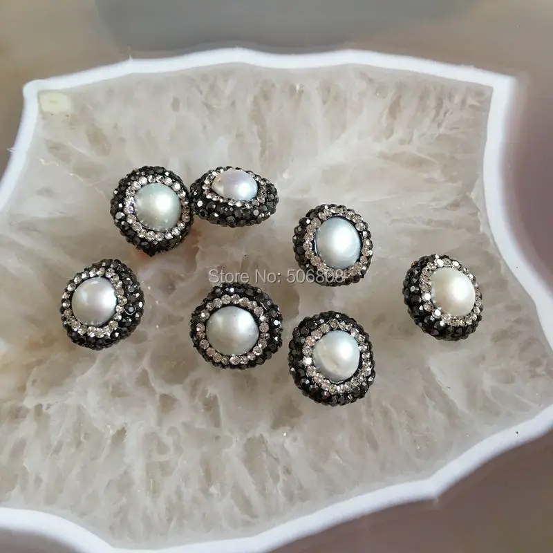 

10pcs Small size Freshwater Pearl with Rhinestone Crystal Paved Beads, Round shape Natural Pearl Loose Beads Charms (Side Hole)