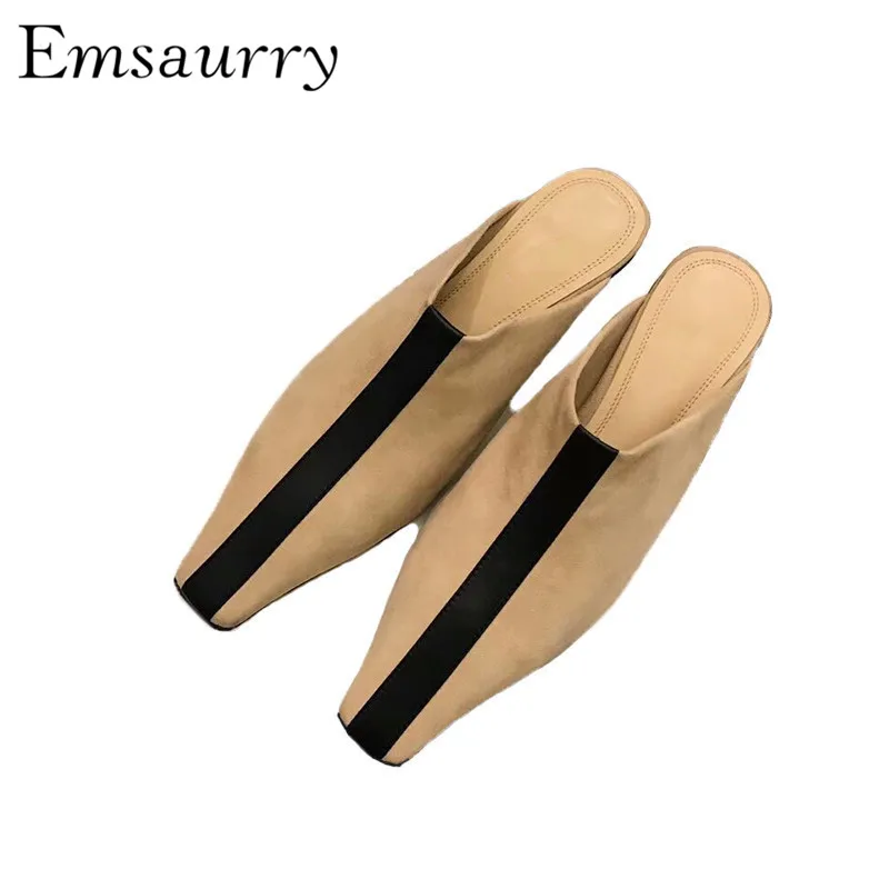

Unique Asymmetrical Crystal Heel Slippers Women Quality Suede Square Toe Striped Black Shallow Mules