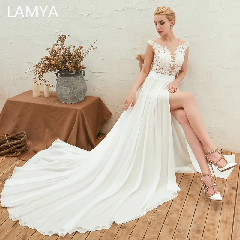 

LAMYA High Quality Appliques A Line Wedding dress White Front Split Bridal Gown Court Train Conffion vestidos de noiva
