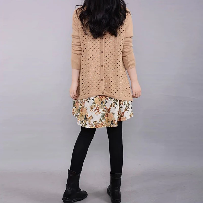 Autumn Winter Women's Long sleeve Knitted Floral Dress Loose Casual Party Dress