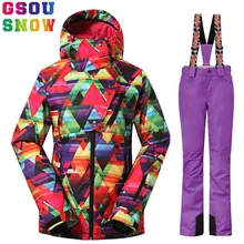 GSOU зимние Брендовые женские водонепроницаемые ветрозащитные горнолыжный костюм куртка+ зимние лыжные брюки уличная женская зимняя одежда Куртка зимние брюки