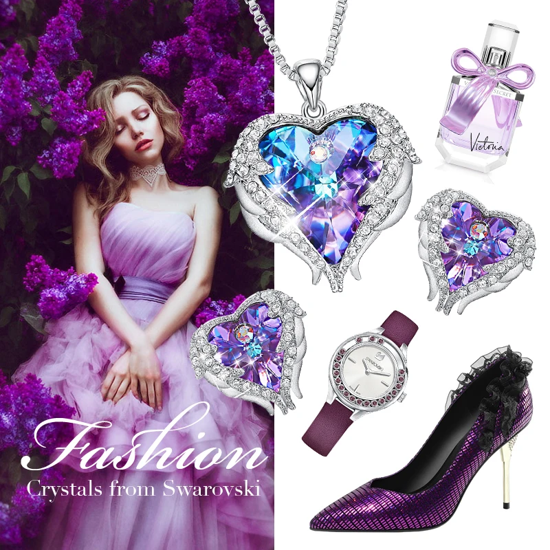 Cdyle cristales de Swarovski de alas de Ángel pendientes collares azul colgante de corazón de cristal conjunto de joyas para mujeres regalos de amor - 6