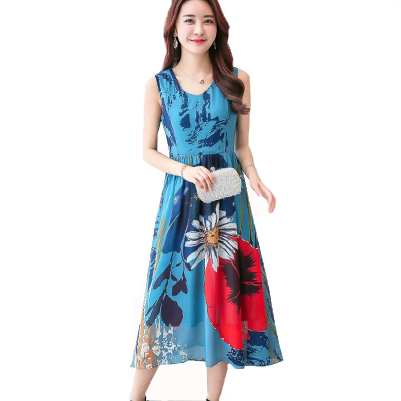 

Summer Dress 2017 Long Chiffon Dresses Bohemian Floral Sleeveless Beach Dress Tunics Robe Femme Vestidos Mujer Blue S~3XL W069