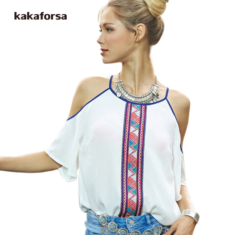 

Kakaforsa Summer Women Plus Size Off Shoulder Print Chiffon T-shirts Female Spaghetti Strap Loose Casual O-Neck tshirt Tops Tees