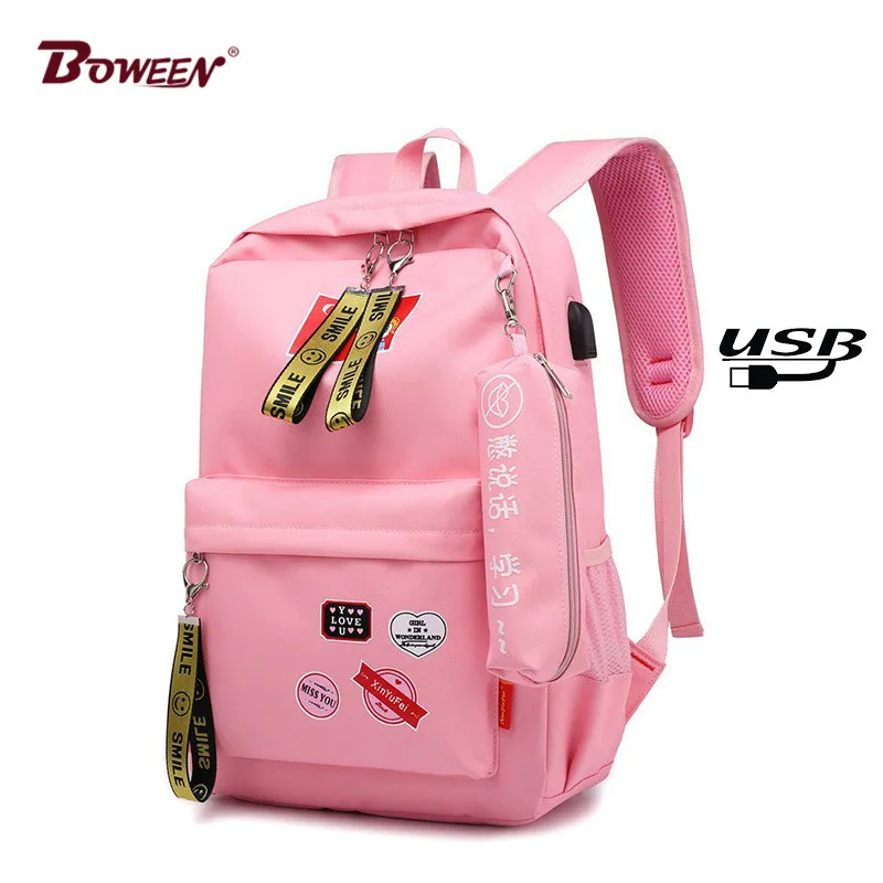 USB Charging school bags for teenagers backpacks canvas women bag schoolBag pink Large capacity Fashion cute bookbag teen 2019