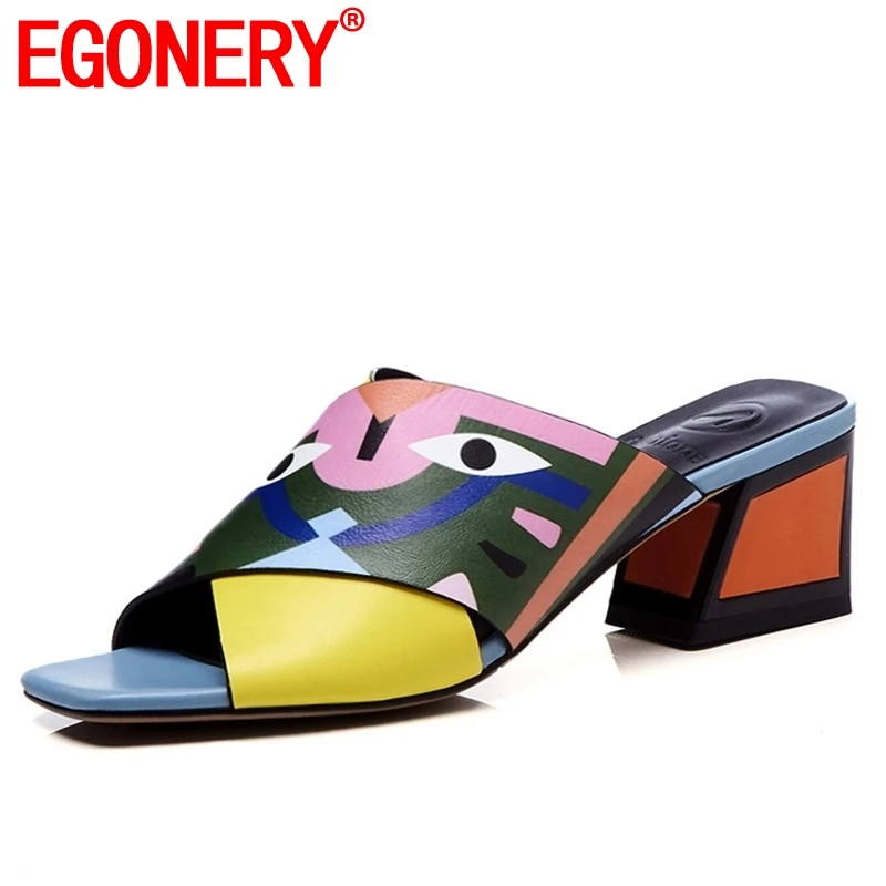 

EGONERY hot sale woman sandals 2019 summer new fashion sexy genuine leather print woman slippers outside high square heels shoes
