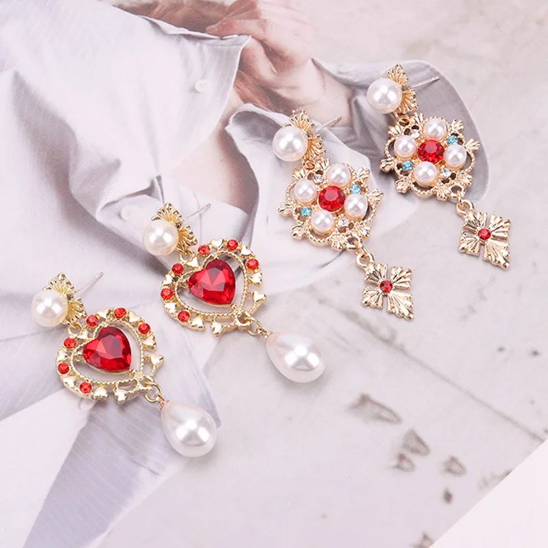 

2 Styles Luxury Shiny Rhinestone Love Heart Pearl Flower Drop Earrings For Women Statement Jewelry Brincos Wedding Party Gift