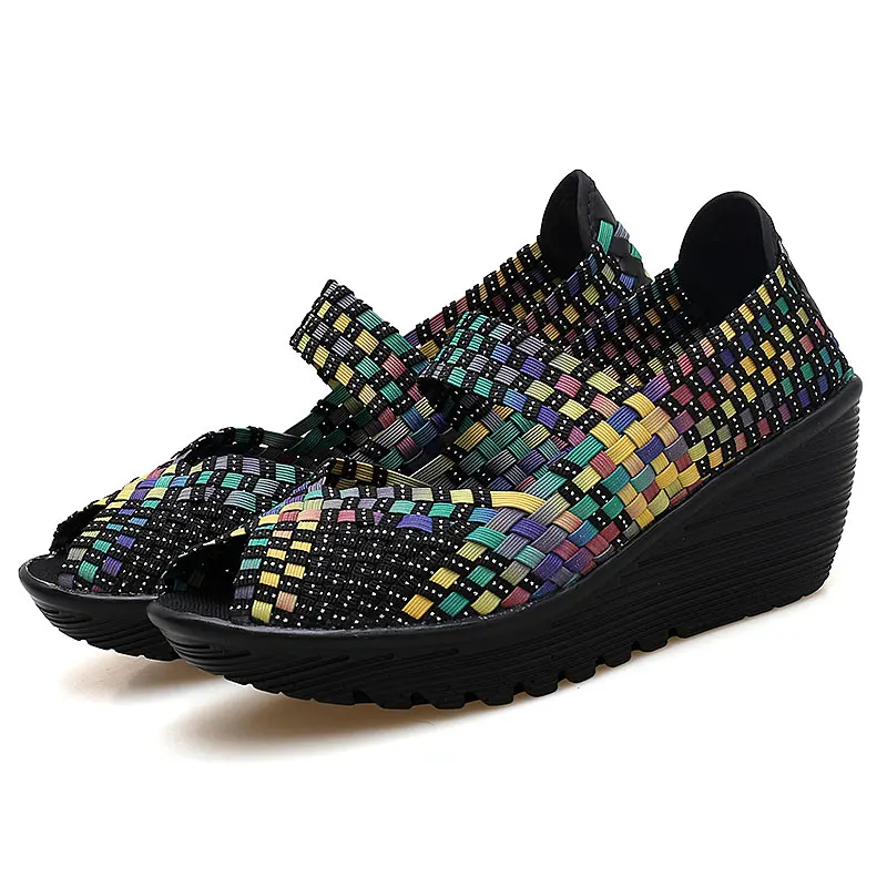 BeckyWalk/Женская тканая обувь на танкетке с открытым носком; летние женские босоножки на платформе; обувь из пластика; женские босоножки ручной работы; Mujer; WSH2899 - Цвет: Многоцветный