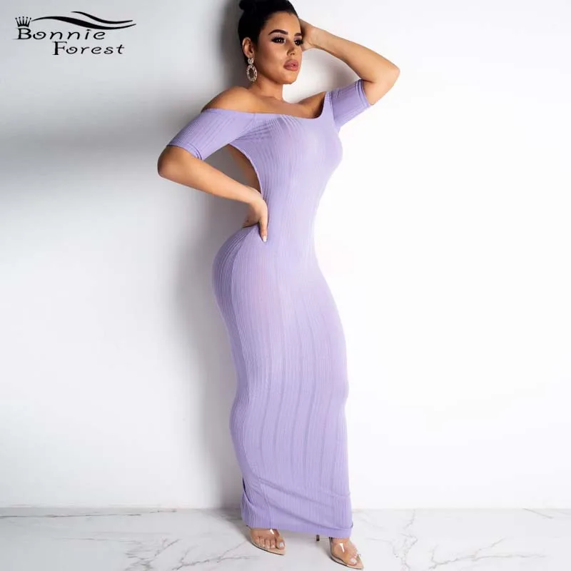 

Bonnie Forest Elegant Solid Off The Shoulder Split Open Back Maxi Dress Plus Size Women Strechy Knit Party Dress 2019 Wholesale