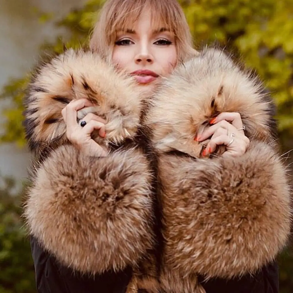 

EIFURKOP Real Fur Parka Women Winter Warm Big Raccoon Fur Collar Parkas Natural Fur Coats with Fur Cuff Sleeves Female Overcoat