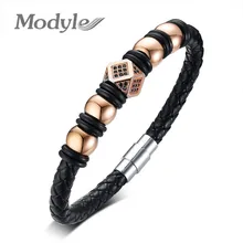 Модный высококачественный мужской браслет из натуральной кожи, розовое золото, нержавеющая сталь, CZ камень, браслеты