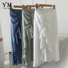 YuooMuoo элегантная юбка с высокой талией и рюшами летняя Женская Асимметричная офисная юбка однотонная длинная юбка на завязках faldas mujer