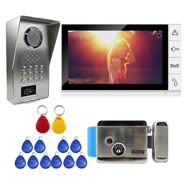 

Grenseure FREE SHIPPING 9" LCD White Monitor Video Intercom Door Phone Kit RFID Code Keypad Unlock Outdoor Camera Electric Lock