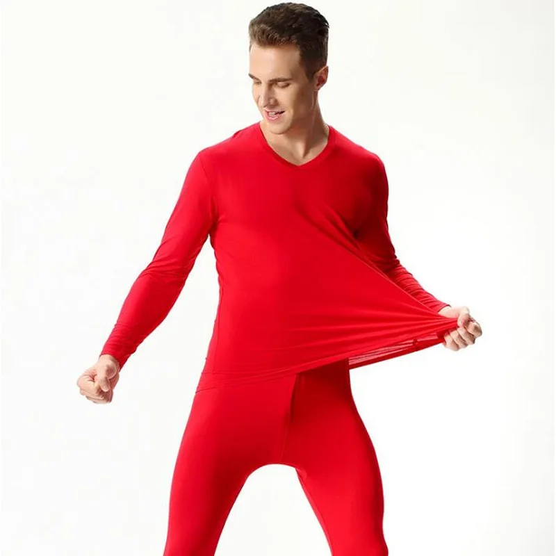 New Bamboo Fiber V-neck Warm Long Johns Set For Men Ultra-Soft Solid Color Thin Thermal Underwear Men's Pajamas 7XL thermal pants and shirt